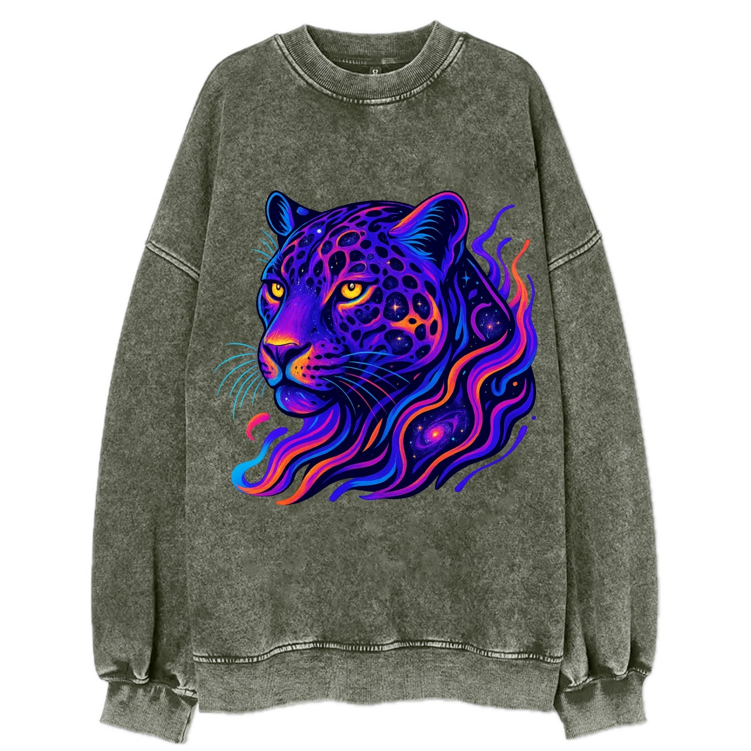 Powerful jaguar with rosettes containing miniature galaxies, cosmic purple and - Vintage Sweatshirt - Forest Mist(Green)