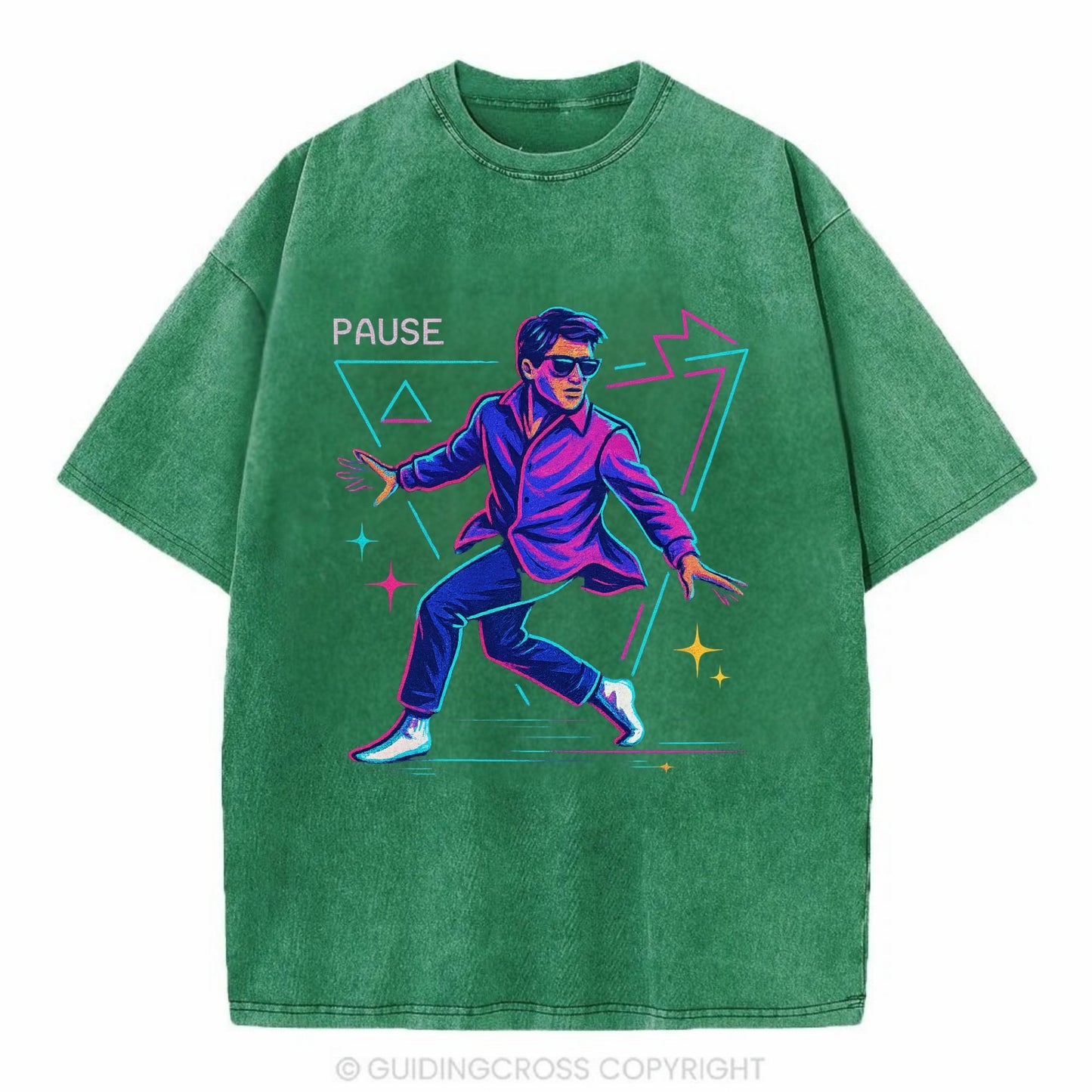 confident figure sliding across polished wooden floor in socks and sunglasses - Vintage T-shirt - Forest Mist(Green)