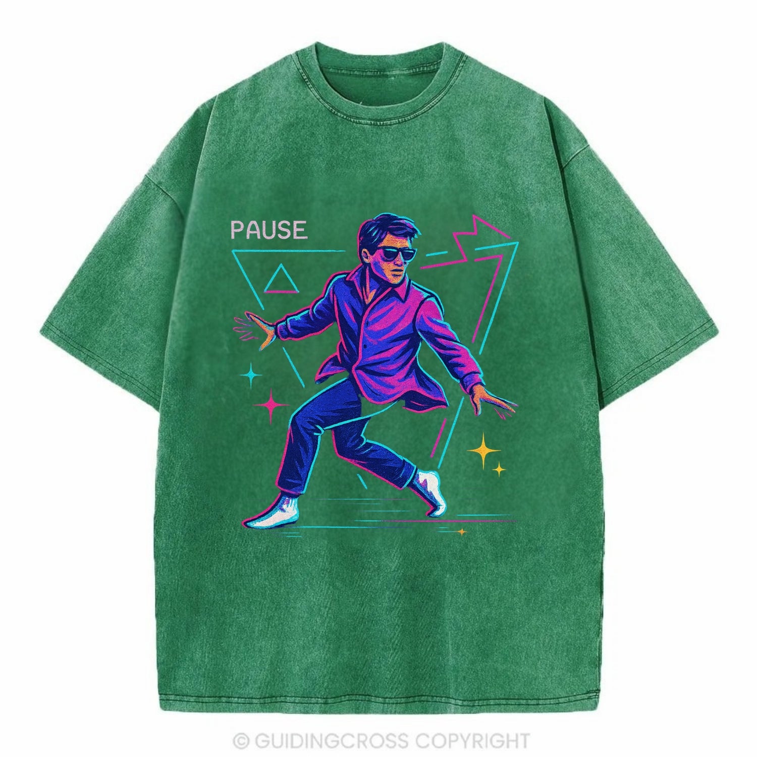 confident figure sliding across polished wooden floor in socks and sunglasses - Vintage T-shirt - Forest Mist(Green)