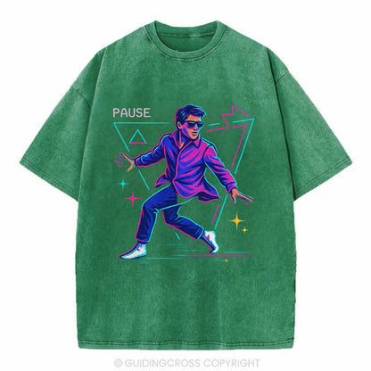 confident figure sliding across polished wooden floor in socks and sunglasses - Vintage T-shirt - Forest Mist(Green)