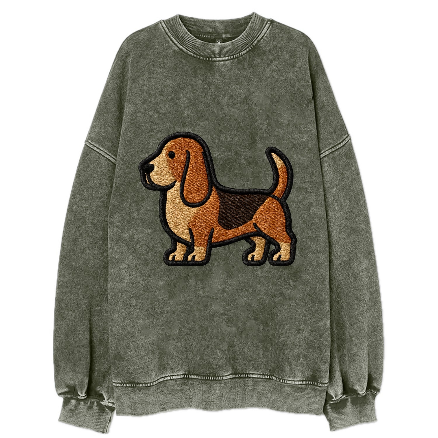 Basset Hound - Trendy low-rider design with prominent black outline - Vintage Sweatshirt - Forest Mist(Green)