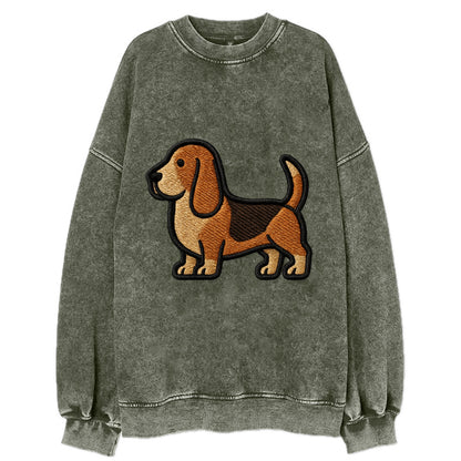 Basset Hound - Trendy low-rider design with prominent black outline - Vintage Sweatshirt - Forest Mist(Green)