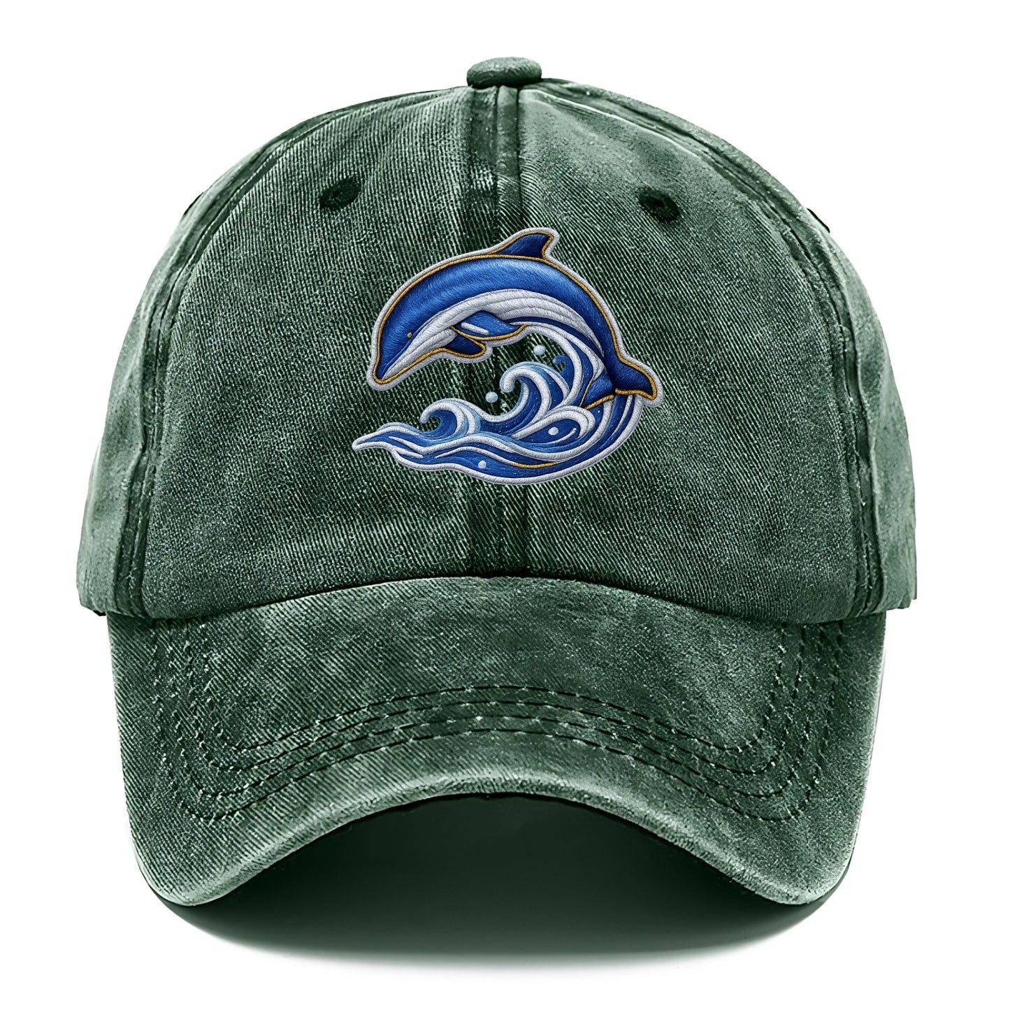 Embroidered patch design - SWIMMING DOLPHIN - diving dolphin with waves in blue and - Classic Cap - Forest Mist(Green)