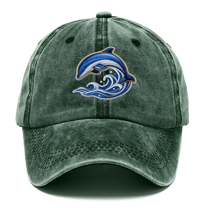 Embroidered patch design - SWIMMING DOLPHIN - diving dolphin with waves in blue and - Classic Cap - Forest Mist(Green)