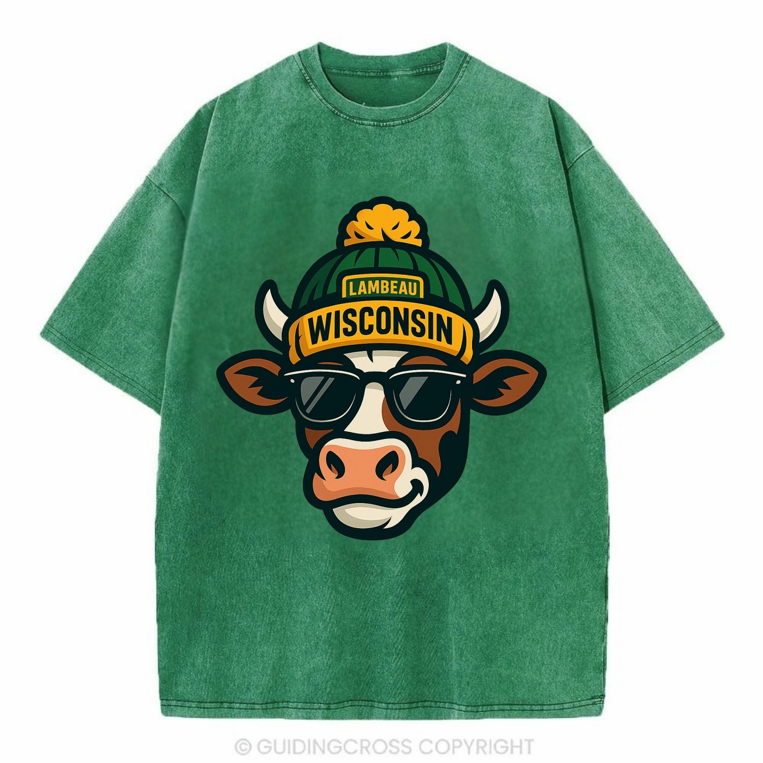 Wisconsin Cow wearing Packers beanie with Lambeau patch and wayfarer sunglasses - Vintage T-shirt - Forest Mist(Green)