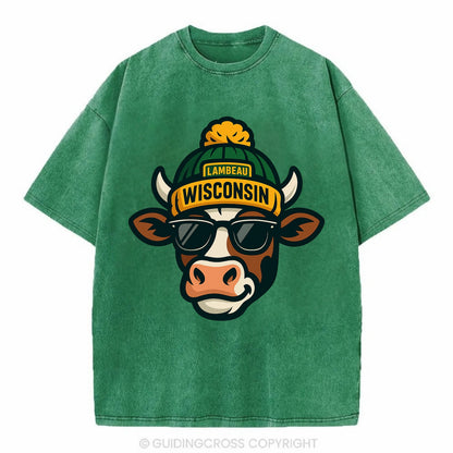 Wisconsin Cow wearing Packers beanie with Lambeau patch and wayfarer sunglasses - Vintage T-shirt - Forest Mist(Green)