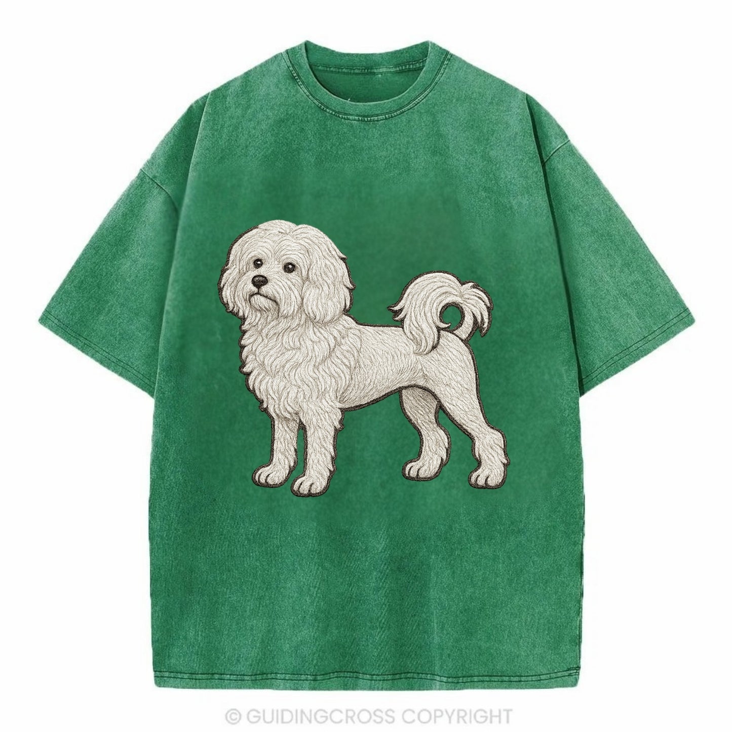 Löwchen - Little Lion Dog white embroidered pose - Vintage T-shirt - Forest Mist(Green)