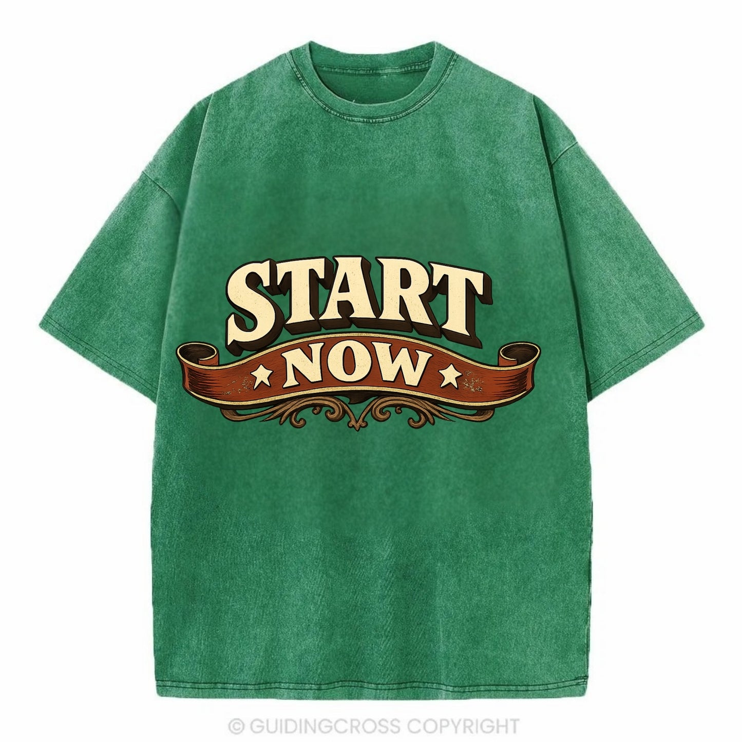 Bold typography design - "START NOW" - begin immediately, no delay - Vintage T-shirt - Forest Mist(Green)