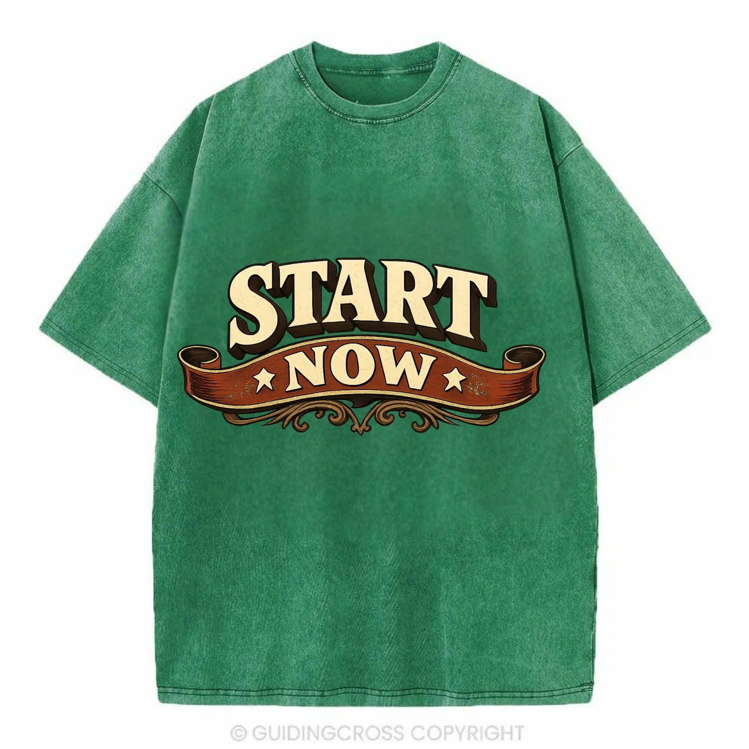 Bold typography design - "START NOW" - begin immediately, no delay - Vintage T-shirt - Forest Mist(Green)