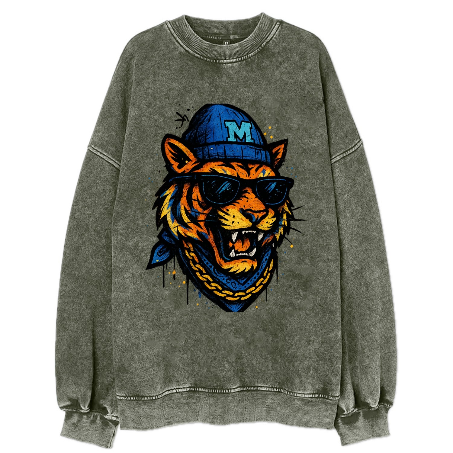 Memphis Tiger wearing Memphis beanie with M patch - Vintage Sweatshirt - Forest Mist(Green)