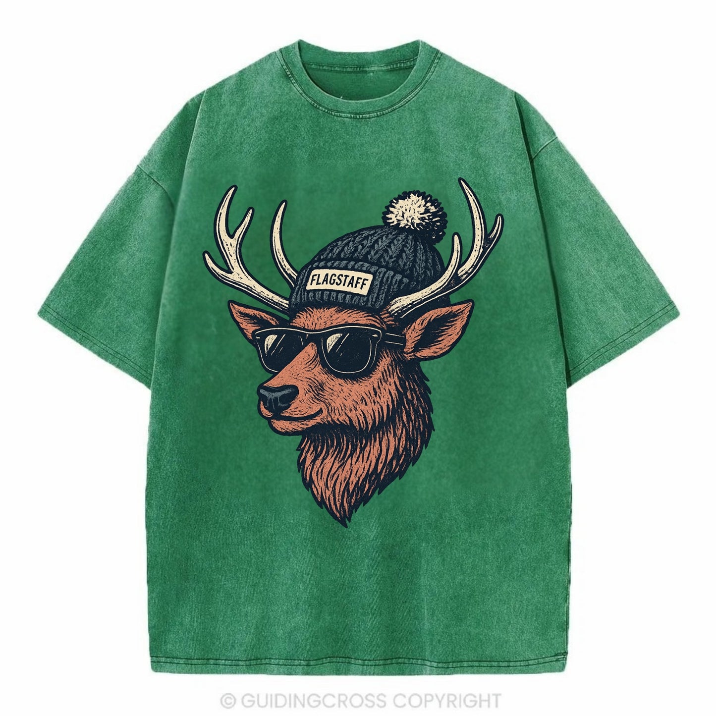 Flagstaff Elk wearing Flagstaff beanie with pom pom and wayfarer sunglasses - Vintage T-shirt - Forest Mist(Green)