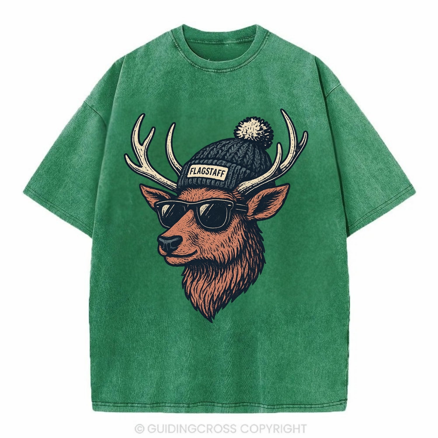Flagstaff Elk wearing Flagstaff beanie with pom pom and wayfarer sunglasses - Vintage T-shirt - Forest Mist(Green)