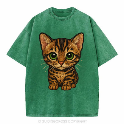 Baby Bengal Kitten - spotted/marbled wild coat, green eyes, athletic build, - Vintage T-shirt - Forest Mist(Green)