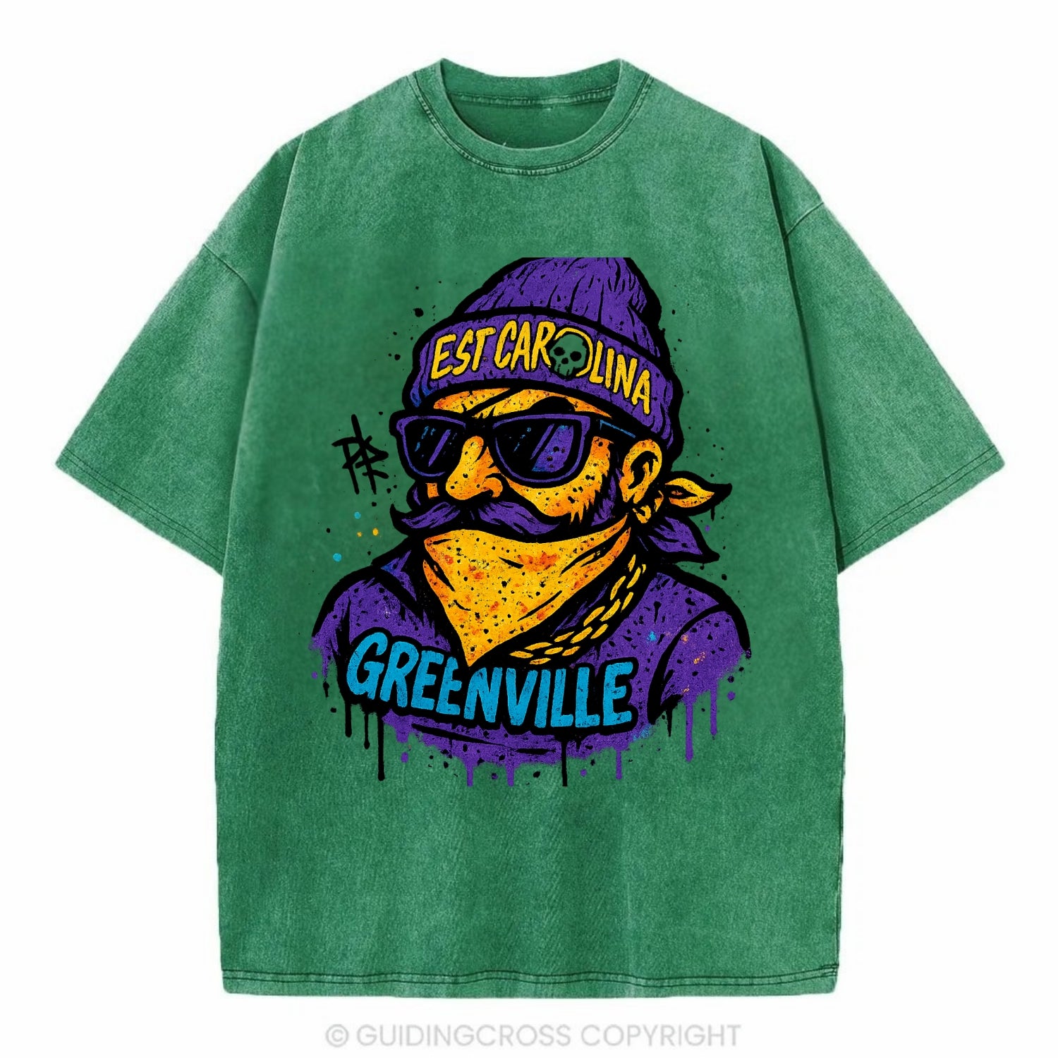 Greenville Pirate wearing East Carolina beanie with skull patch - Vintage T-shirt - Forest Mist(Green)