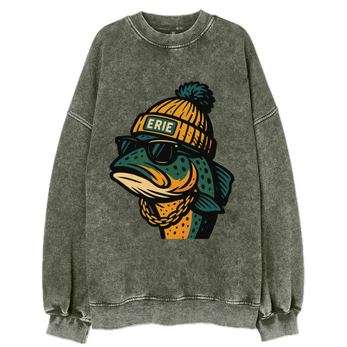 Erie Lake Trout wearing Erie beanie with pom pom and wayfarer sunglasses - Vintage Sweatshirt