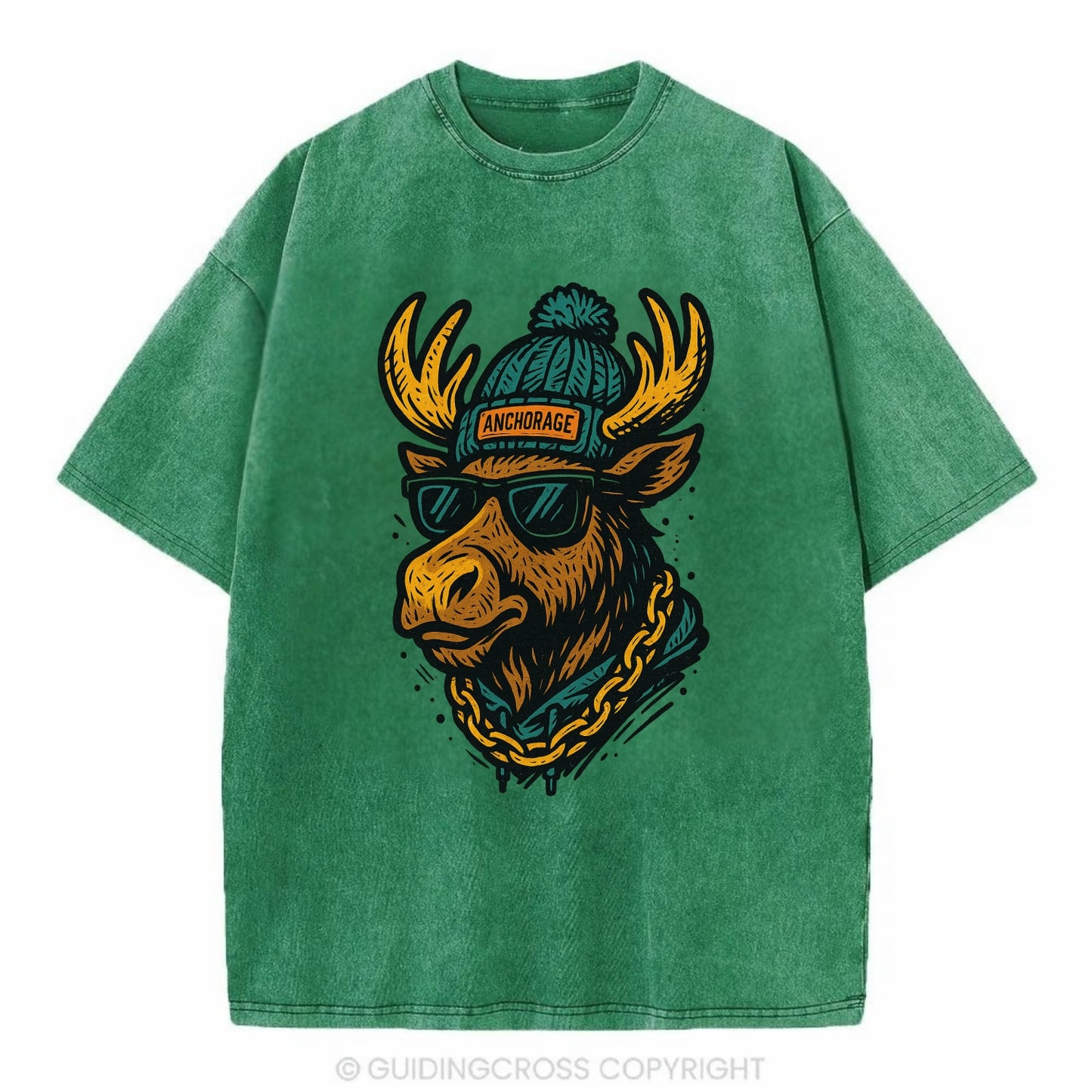 Alaska Moose wearing Anchorage beanie with pom pom and wayfarer sunglasses - Vintage T-shirt - Forest Mist(Green)