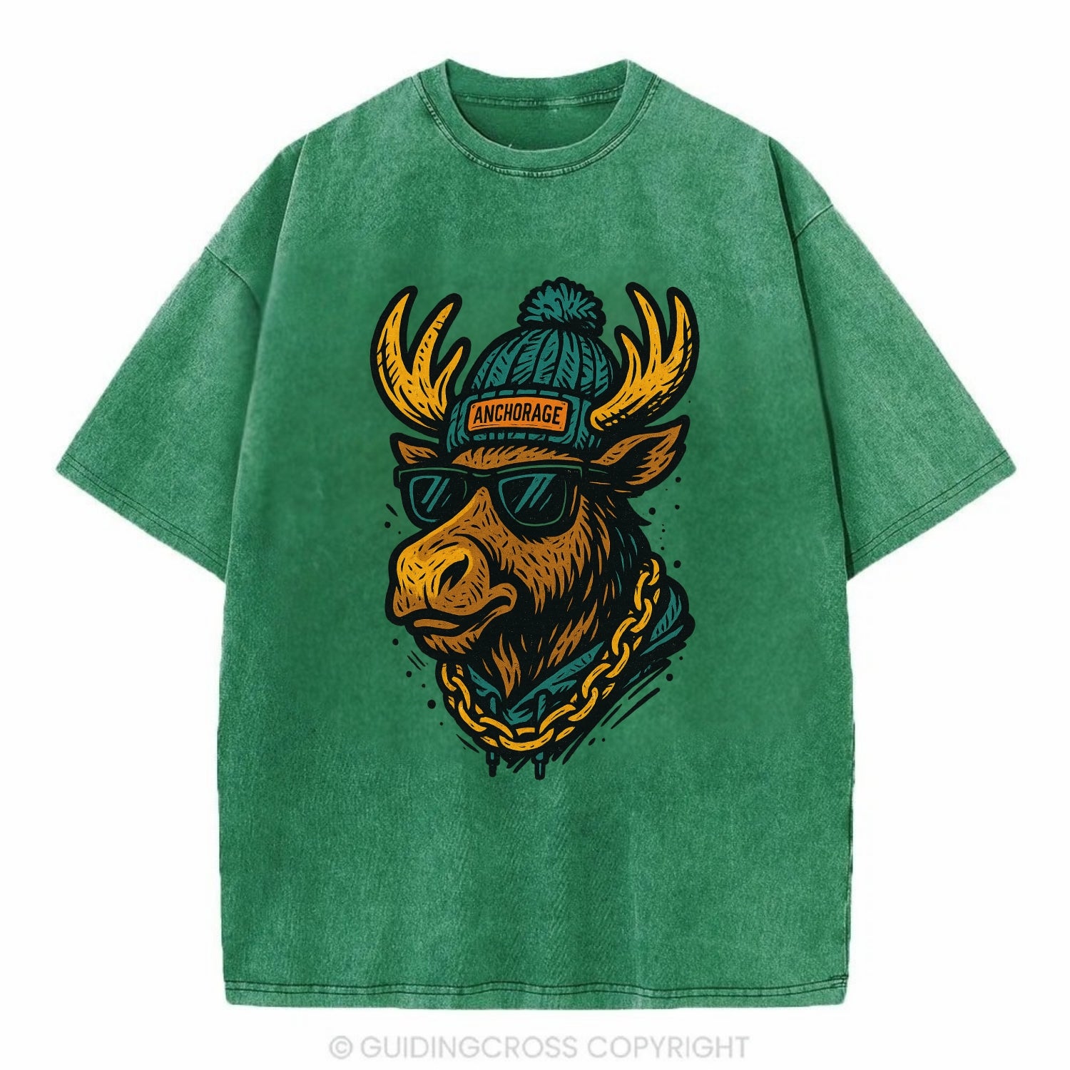 Alaska Moose wearing Anchorage beanie with pom pom and wayfarer sunglasses - Vintage T-shirt - Forest Mist(Green)