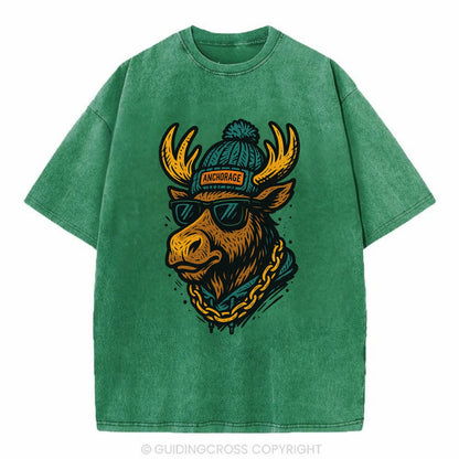 Alaska Moose wearing Anchorage beanie with pom pom and wayfarer sunglasses - Vintage T-shirt - Forest Mist(Green)