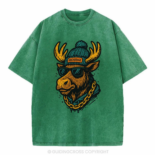 Alaska Moose wearing Anchorage beanie with pom pom and wayfarer sunglasses - Vintage T-shirt
