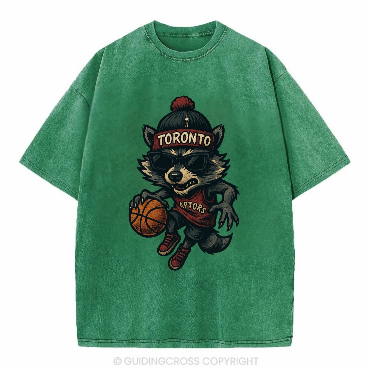 Toronto Raccoon wearing Raptors beanie with CN Tower patch and wayfarer sunglasses - Vintage T-shirt - Forest Mist(Green)