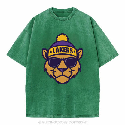 LA Mountain Lion wearing Lakers purple and gold beanie with championship stars - Vintage T-shirt - Forest Mist(Green)