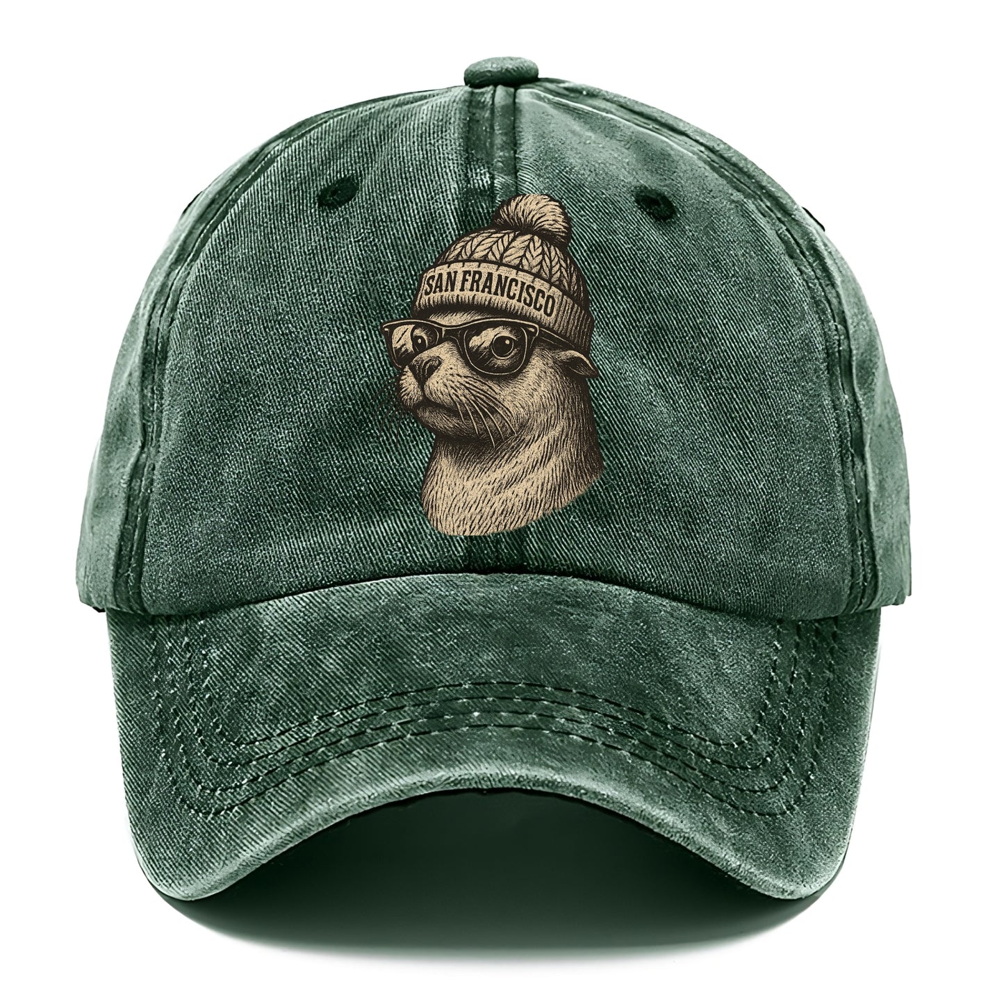 San Francisco Sea Lion wearing San Francisco beanie with pom pom and wayfarer - Classic Cap - Forest Mist(Green)