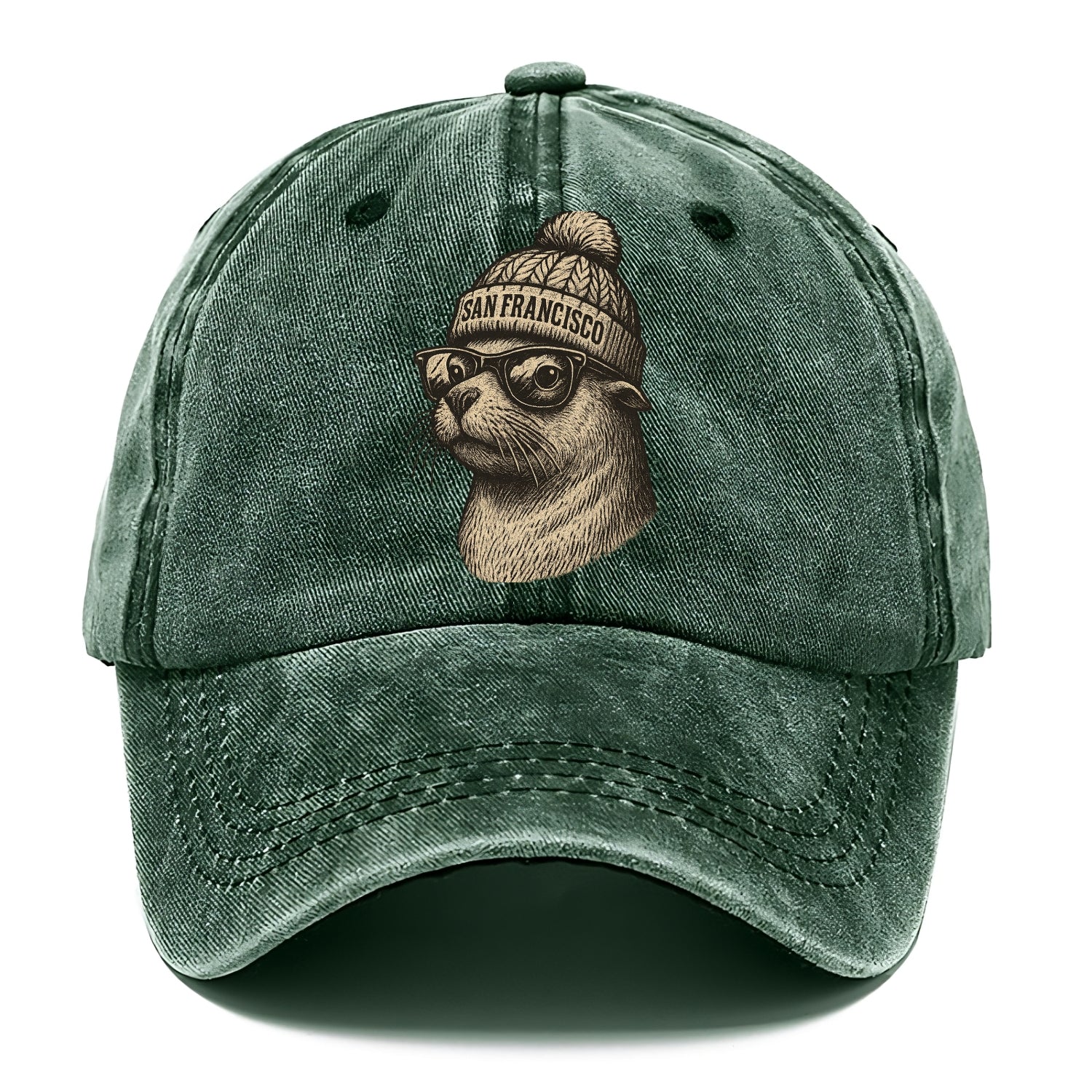 San Francisco Sea Lion wearing San Francisco beanie with pom pom and wayfarer - Classic Cap - Forest Mist(Green)