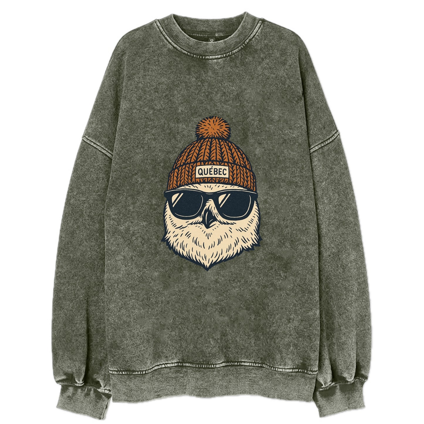 Quebec City Snowy Owl wearing Quebec beanie with pom pom and wayfarer - Vintage Sweatshirt - Forest Mist(Green)