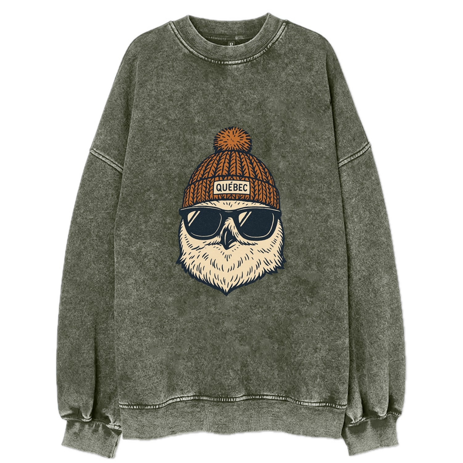 Quebec City Snowy Owl wearing Quebec beanie with pom pom and wayfarer - Vintage Sweatshirt - Forest Mist(Green)