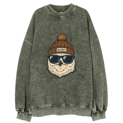Quebec City Snowy Owl wearing Quebec beanie with pom pom and wayfarer - Vintage Sweatshirt - Forest Mist(Green)
