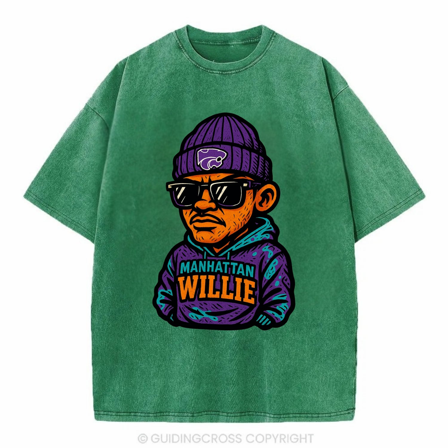 Manhattan Willie wearing Kansas State beanie with powercat patch - Vintage T-shirt - Forest Mist(Green)