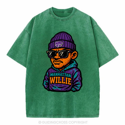 Manhattan Willie wearing Kansas State beanie with powercat patch - Vintage T-shirt - Forest Mist(Green)