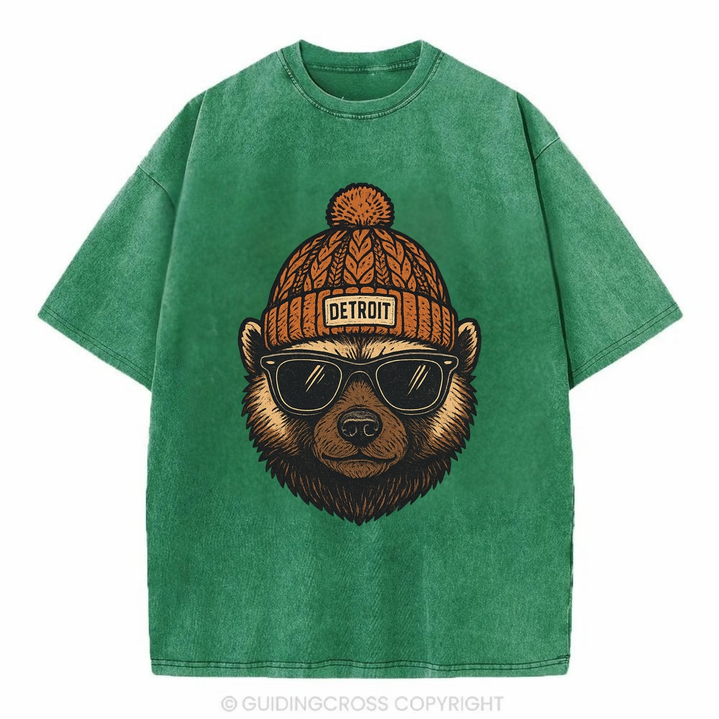 Detroit Wolverine wearing Detroit beanie with pom pom and wayfarer sunglasses - Vintage T-shirt - Forest Mist(Green)