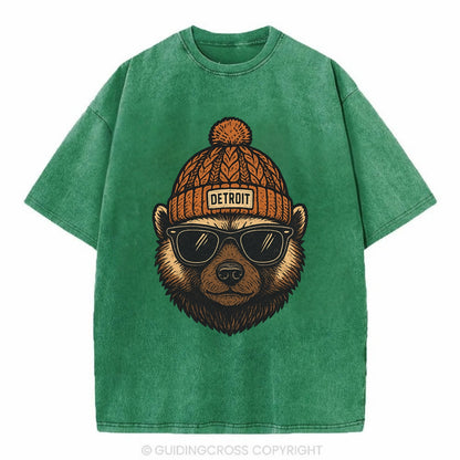 Detroit Wolverine wearing Detroit beanie with pom pom and wayfarer sunglasses - Vintage T-shirt - Forest Mist(Green)