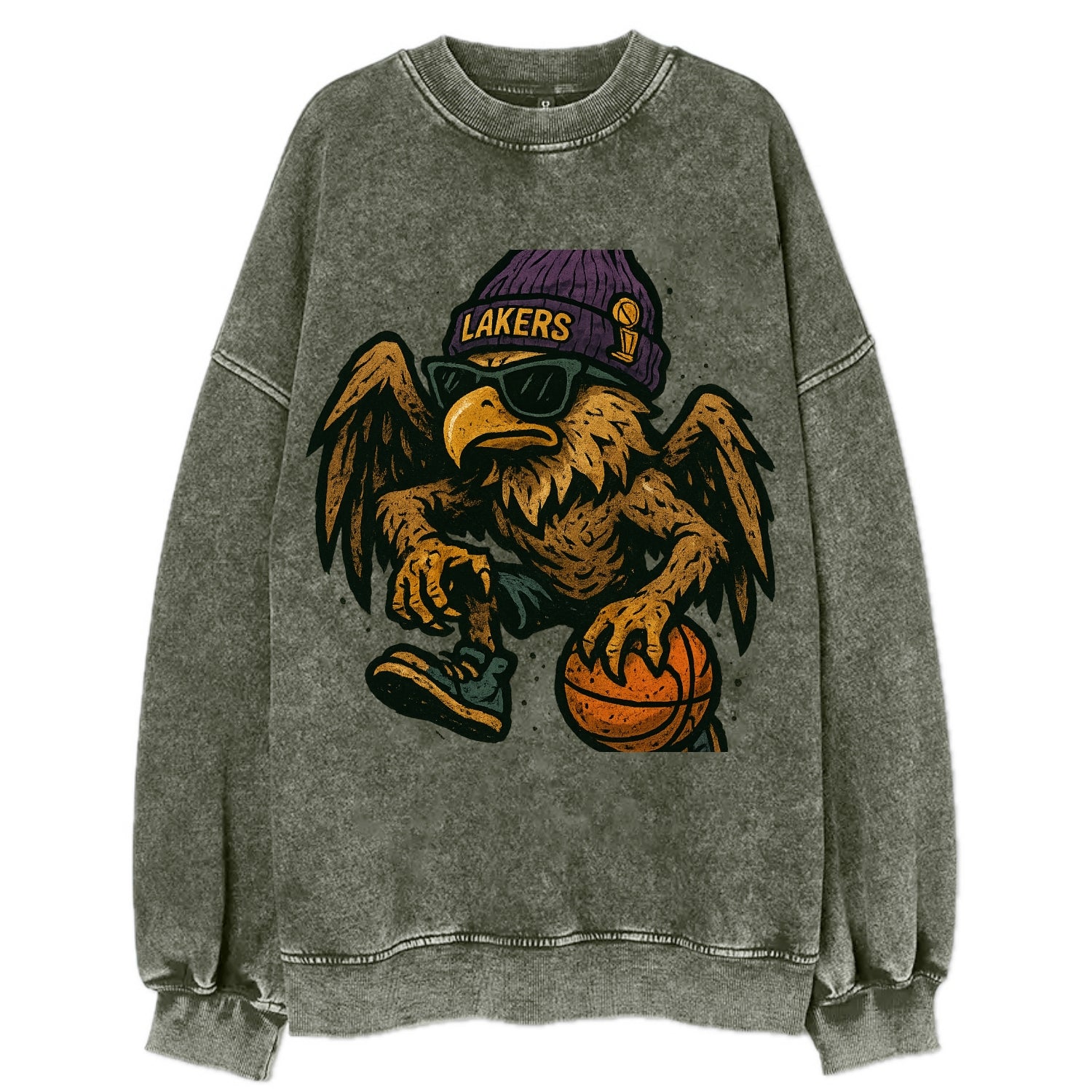 Los Angeles Golden Eagle wearing Lakers beanie with trophy patch and wayfarer - Vintage Sweatshirt - Forest Mist(Green)