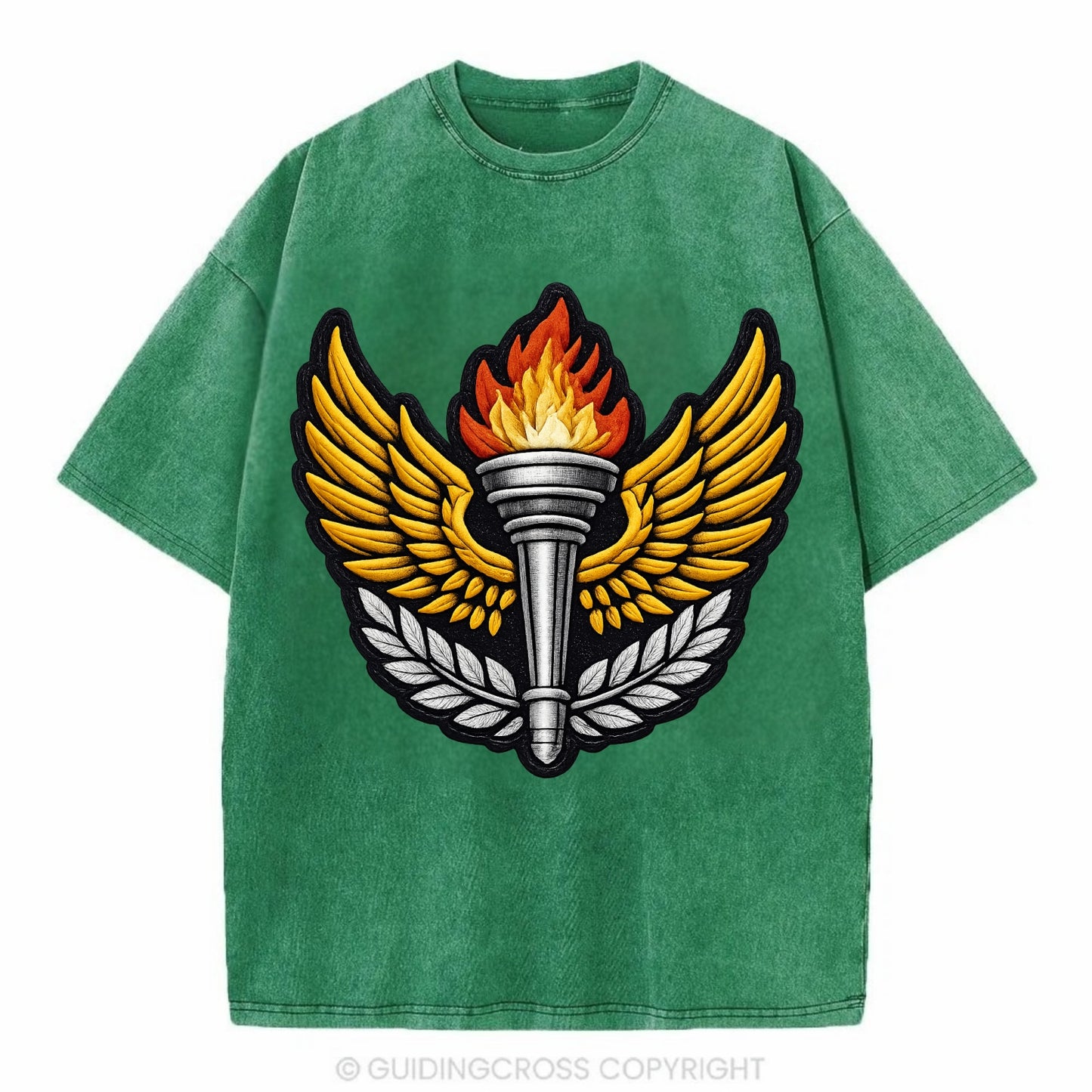 Embroidered patch design - TRACK AND FIELD TORCH - Olympic style torch with wings - Vintage T-shirt - Forest Mist(Green)