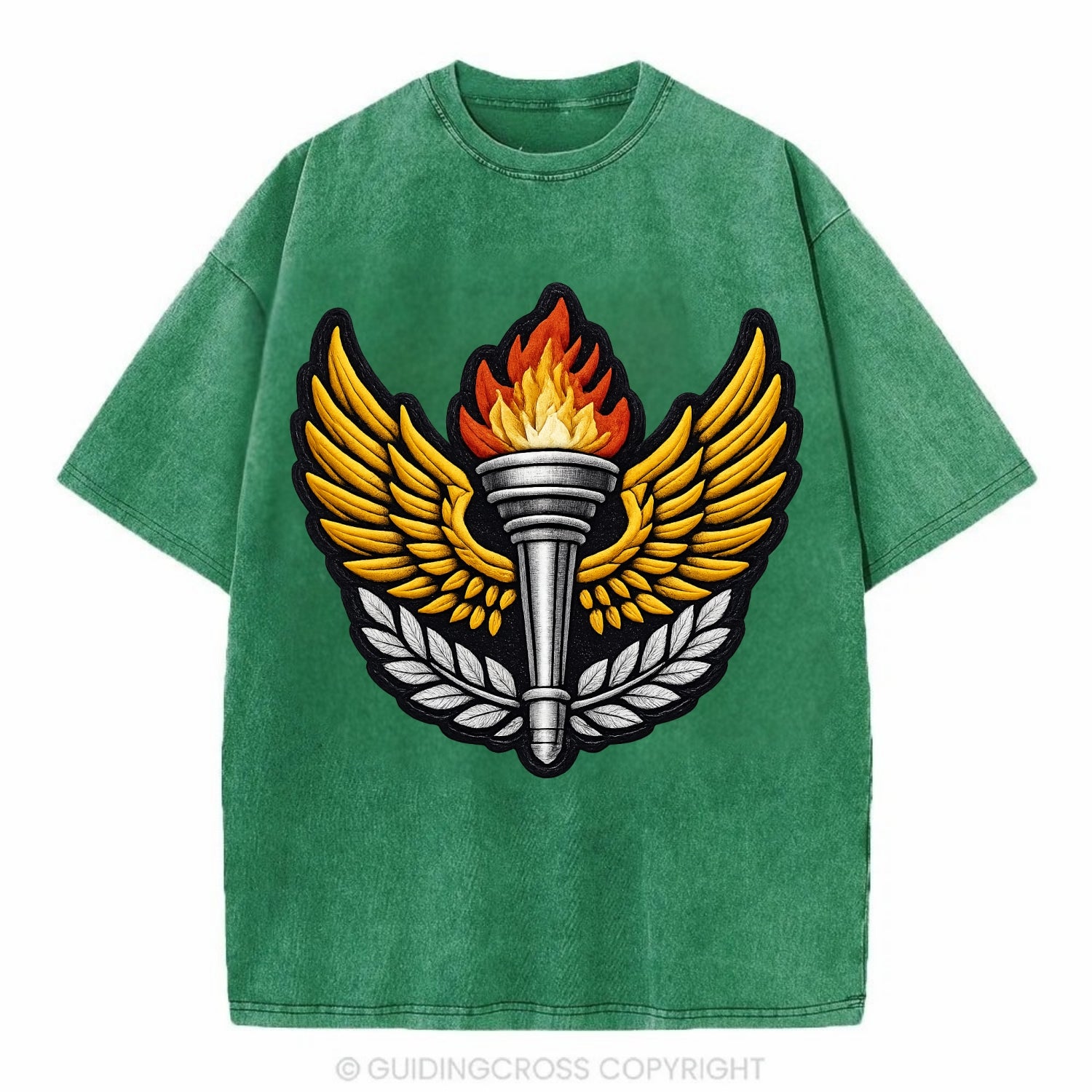 Embroidered patch design - TRACK AND FIELD TORCH - Olympic style torch with wings - Vintage T-shirt - Forest Mist(Green)