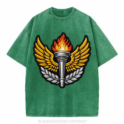 Embroidered patch design - TRACK AND FIELD TORCH - Olympic style torch with wings - Vintage T-shirt - Forest Mist(Green)