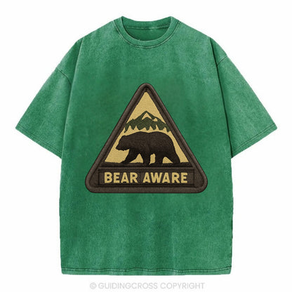 BEAR AWARE - bear silhouette warning in brown and yellow , wilderness safety - Vintage T-shirt - Forest Mist(Green)