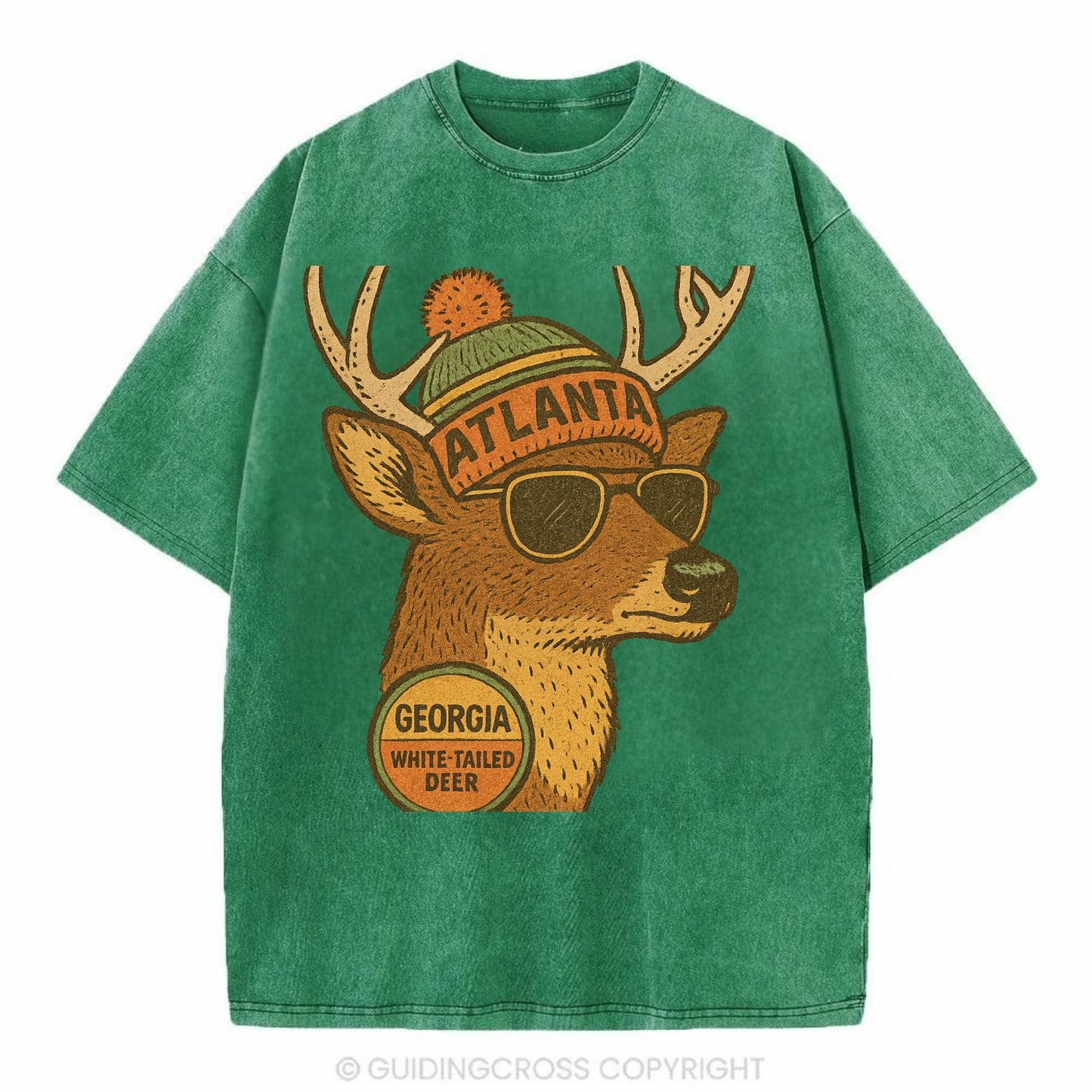 Georgia White-tailed Deer wearing Atlanta beanie with pom pom and wayfarer - Vintage T-shirt - Forest Mist(Green)