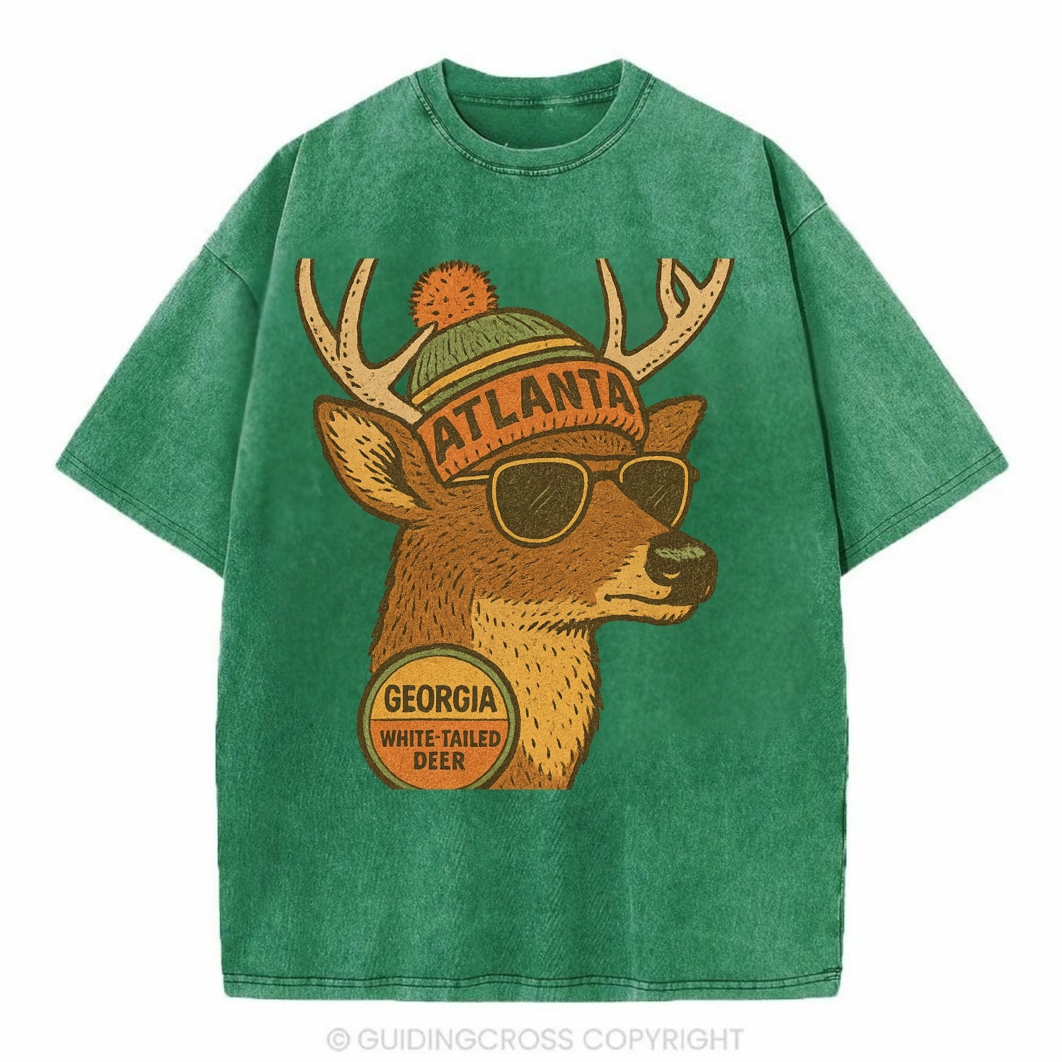 Georgia White-tailed Deer wearing Atlanta beanie with pom pom and wayfarer - Vintage T-shirt - Forest Mist(Green)