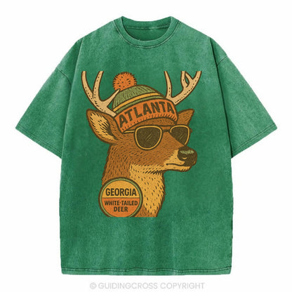 Georgia White-tailed Deer wearing Atlanta beanie with pom pom and wayfarer - Vintage T-shirt - Forest Mist(Green)