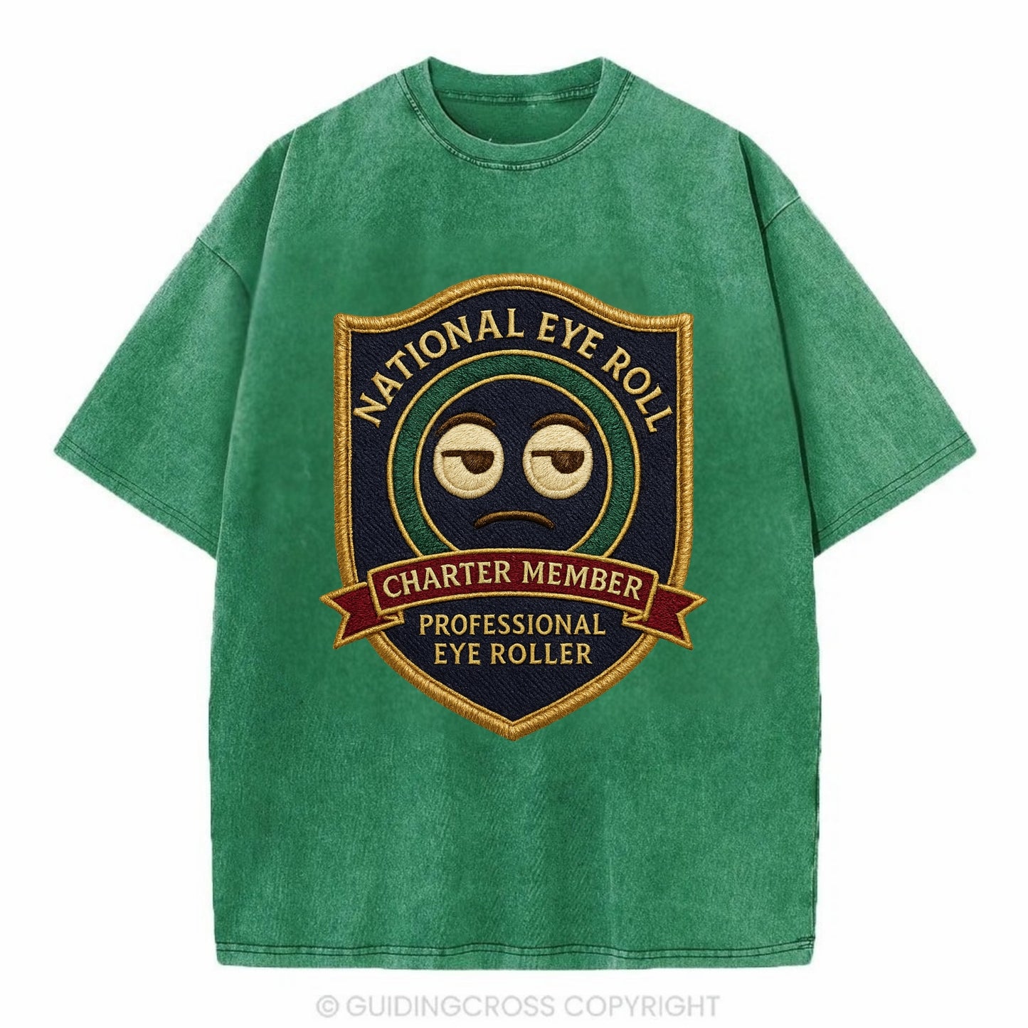 Crest with eye roll icon - "National Eye Roll Association - Charter Member" - - Vintage T-shirt - Forest Mist(Green)