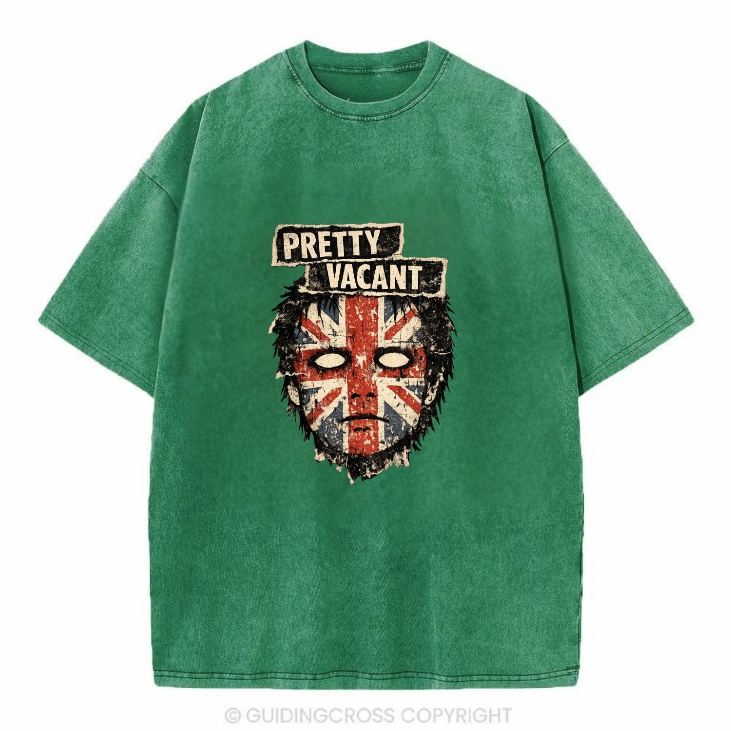 PRETTY VACANT | Blank stare Union Jack face | Empty expression | Punk nihilism | - Vintage T-shirt - Forest Mist(Green)