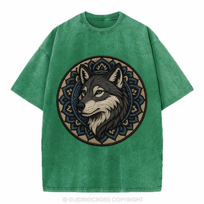 Mandala Wolf Pattern  - Vintage T-shirt - Forest Mist(Green)