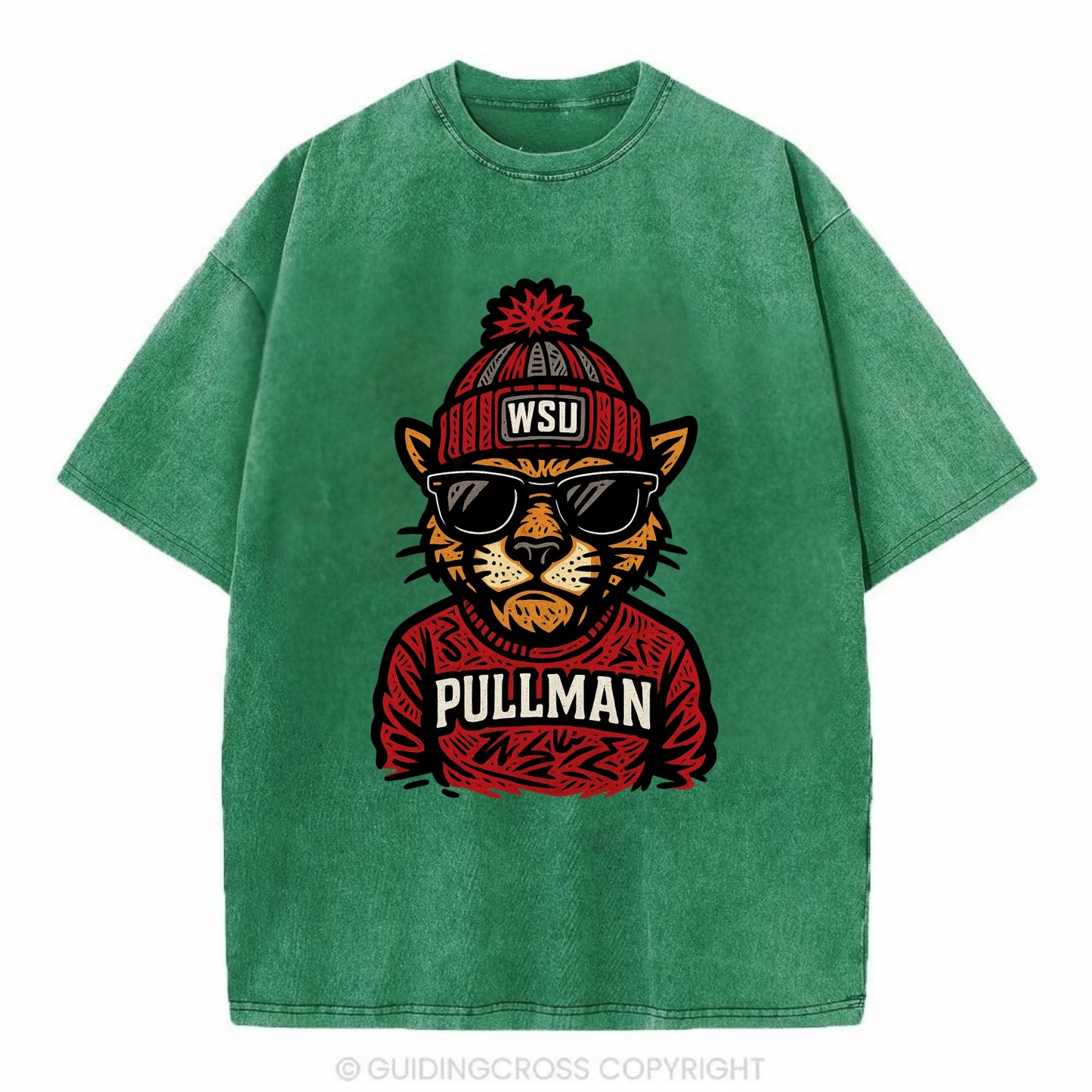 Pullman Cougar wearing Washington State beanie with WSU patch - Vintage T-shirt - Forest Mist(Green)