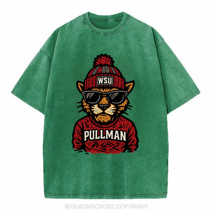 Pullman Cougar wearing Washington State beanie with WSU patch - Vintage T-shirt - Forest Mist(Green)