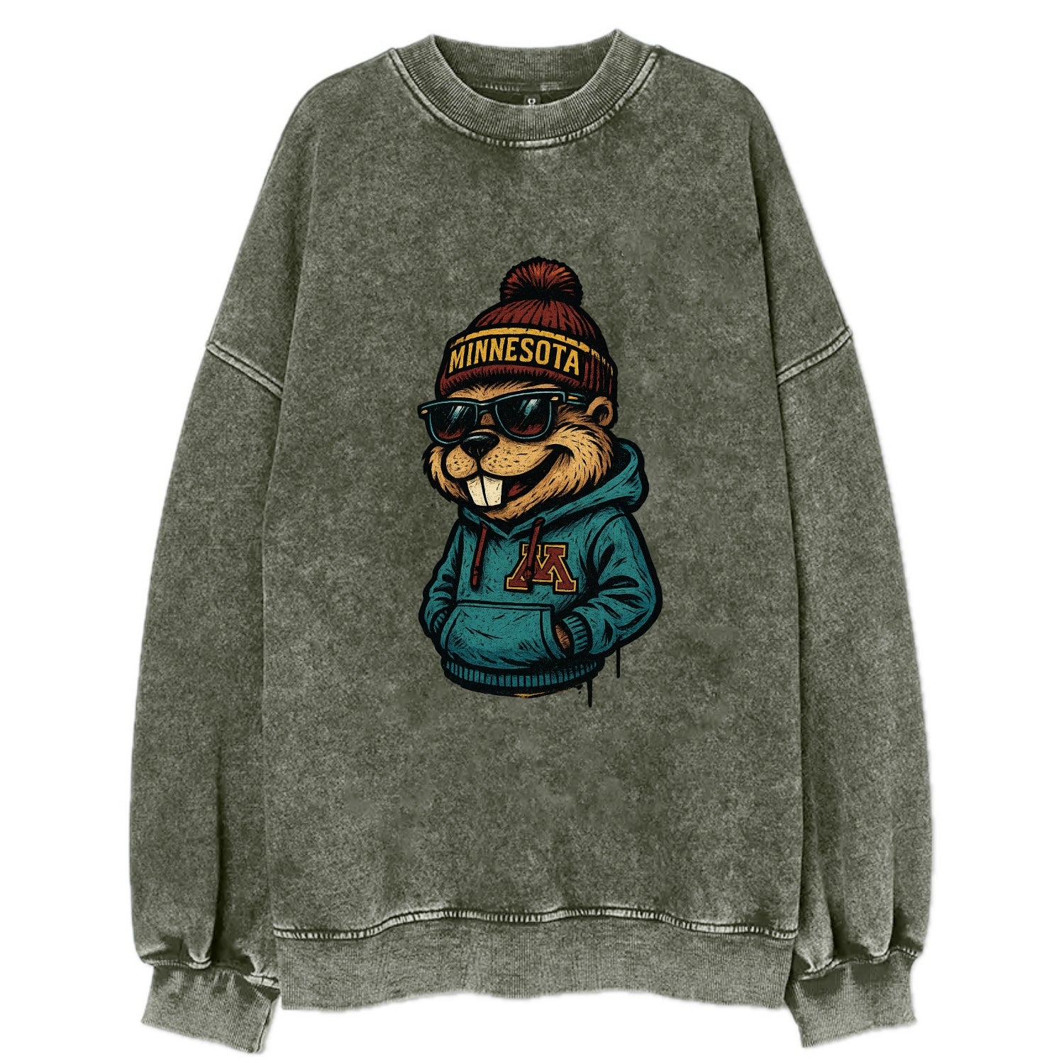 Minneapolis Gopher wearing Minnesota beanie with M patch - Vintage Sweatshirt - Forest Mist(Green)