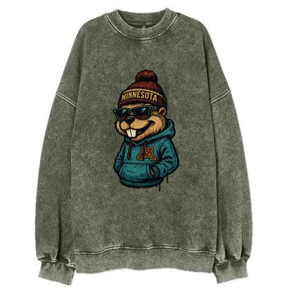Minneapolis Gopher wearing Minnesota beanie with M patch - Vintage Sweatshirt - Forest Mist(Green)