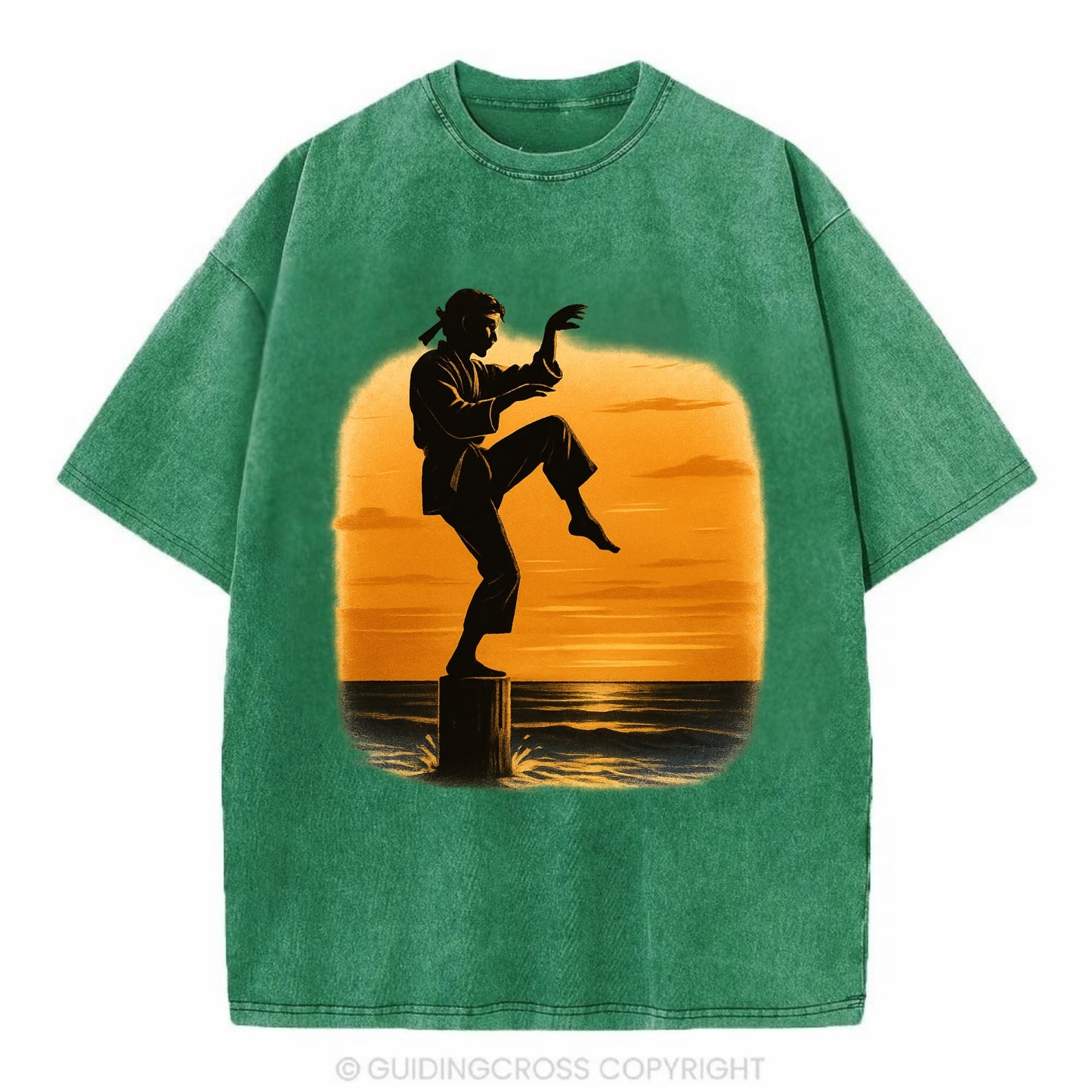 karate crane kick pose on wooden post at beach sunset - Vintage T-shirt - Forest Mist(Green)